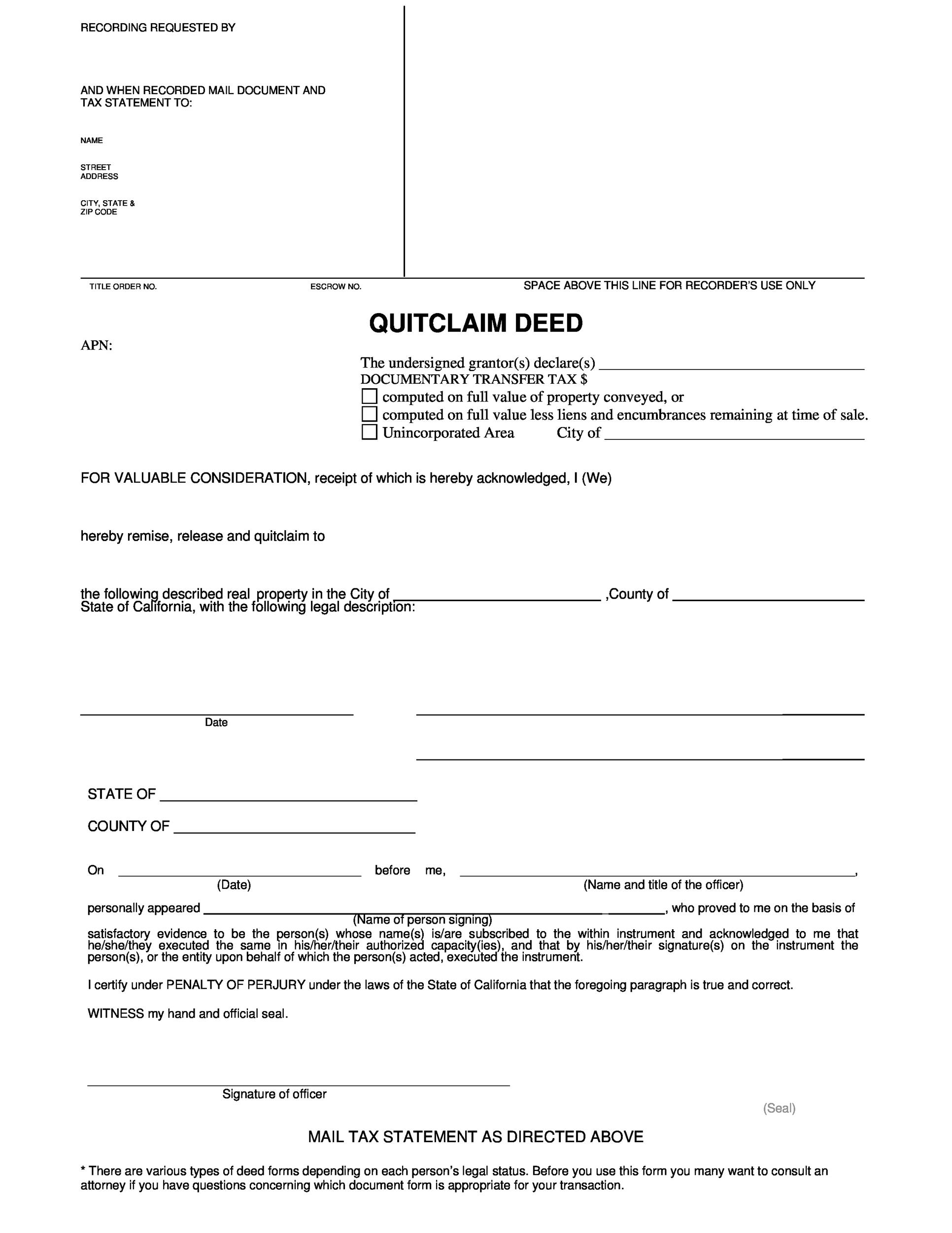 46 Free Quit Claim Deed Forms Templates TemplateLab