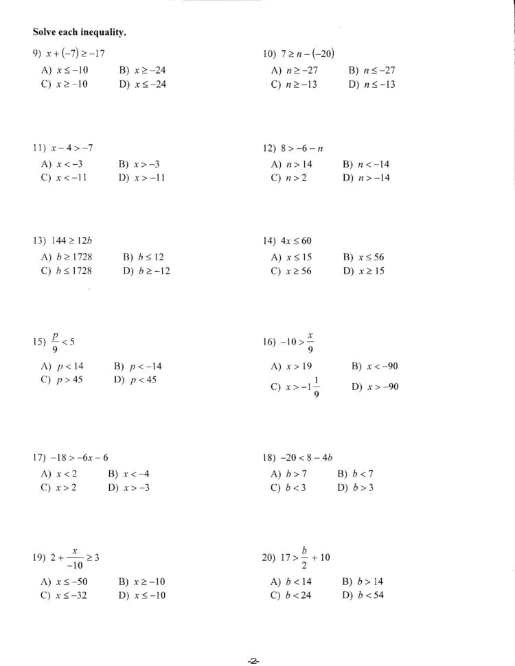 8Th And 9Th Grade Math Worksheets Printable Worksheet Page 