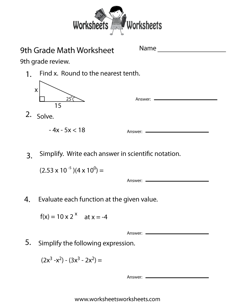 9th Grade Math Review Worksheet Free Printable 