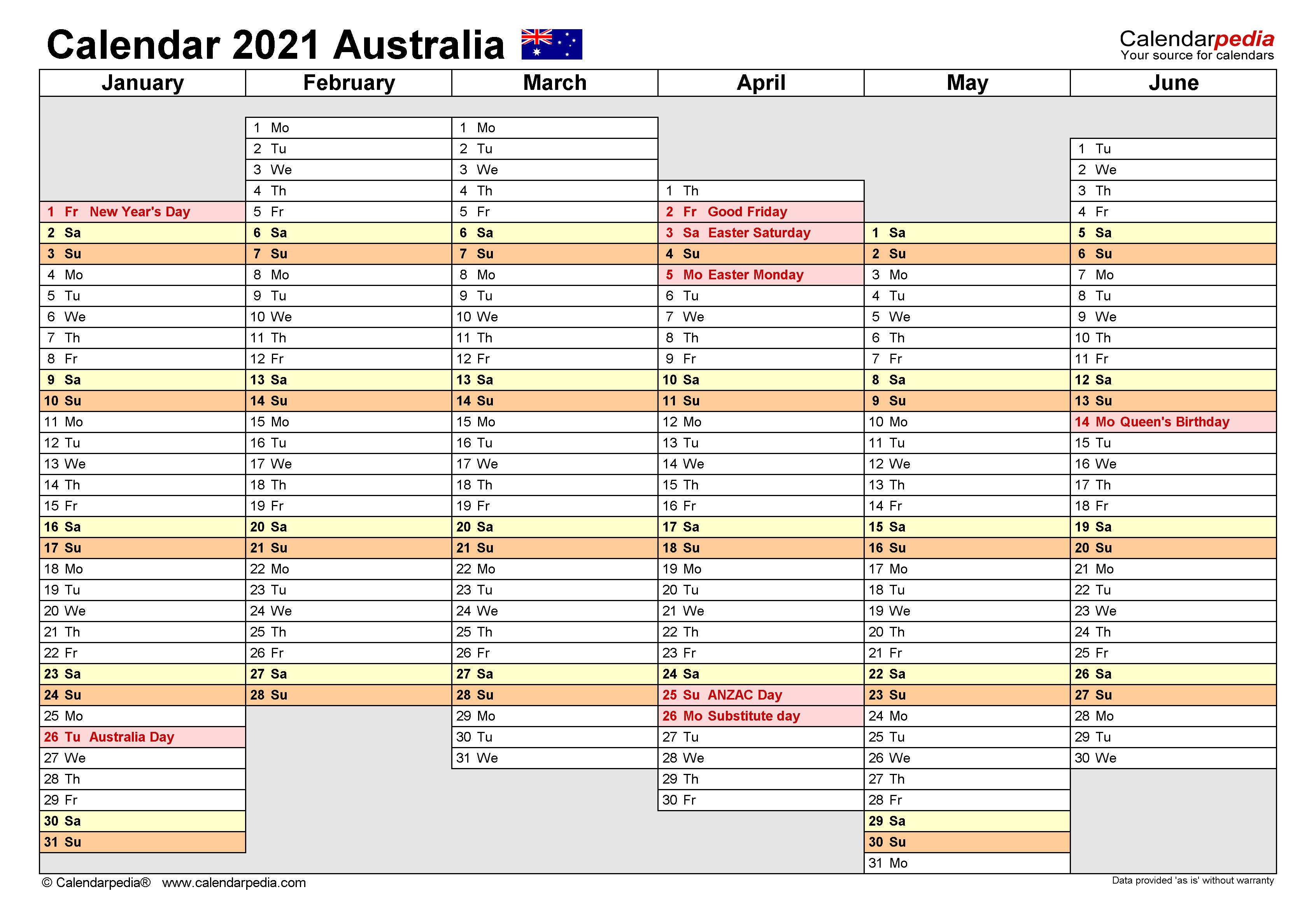 Australia Calendar 2021 Free Printable PDF Templates | FreePrintableTM.com