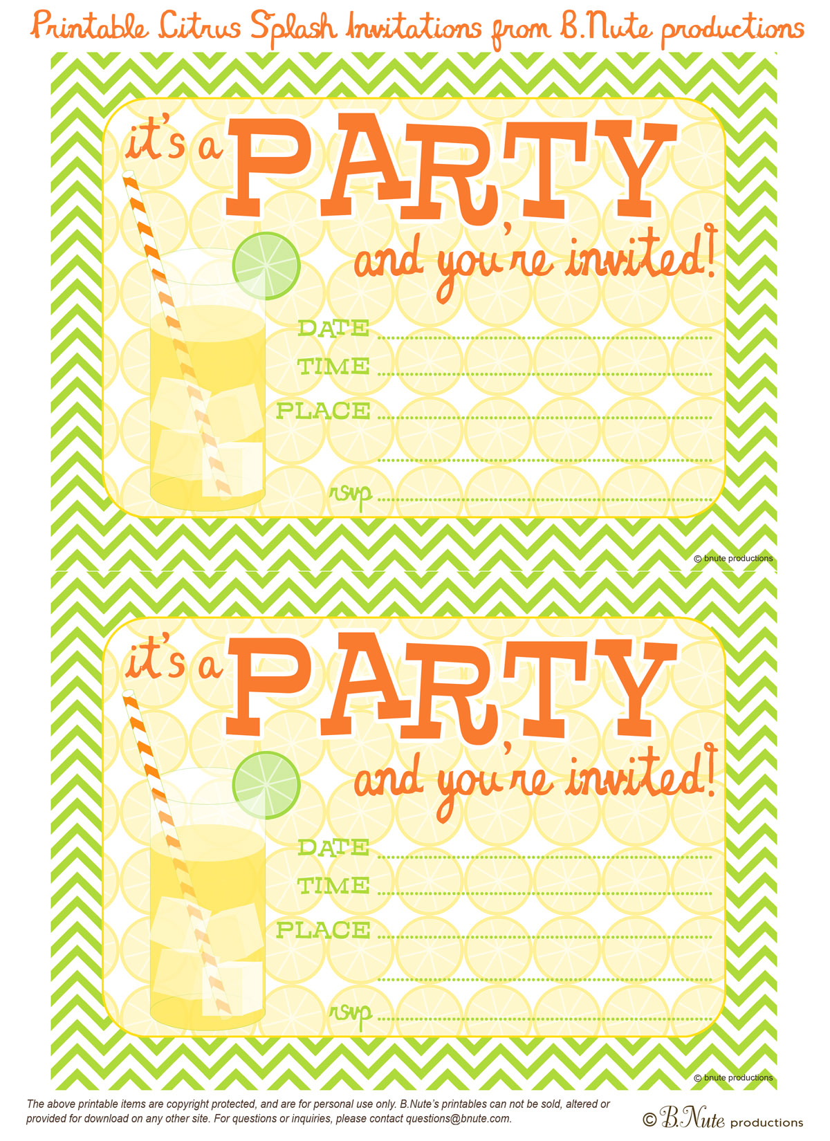 Bnute Productions Free Printable Citrus Splash Invitations