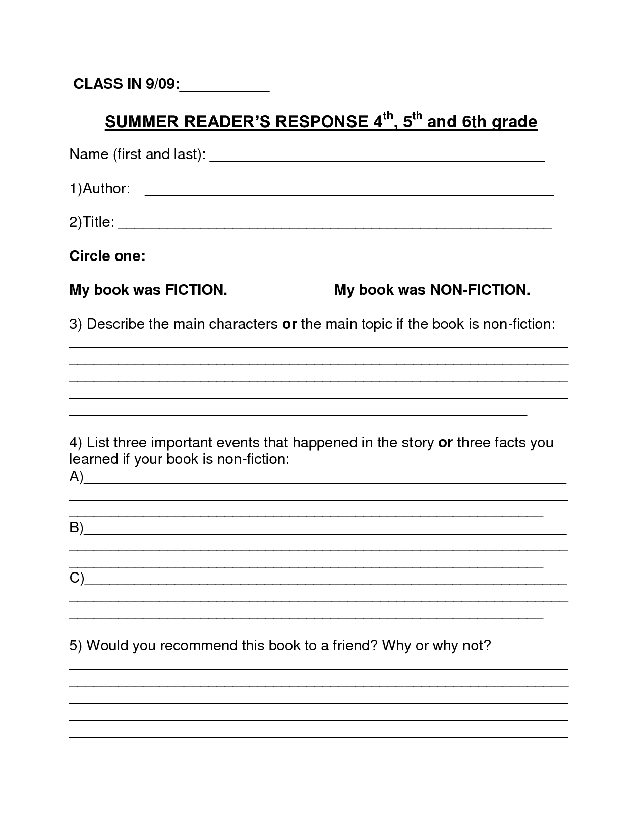 Book Report Template SUMMER BOOK REPORT 4th 6th Grade 