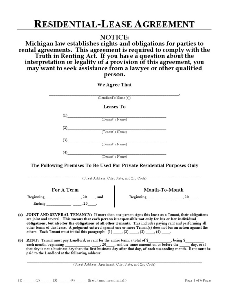 Download Free Michigan Residential Lease Agreement