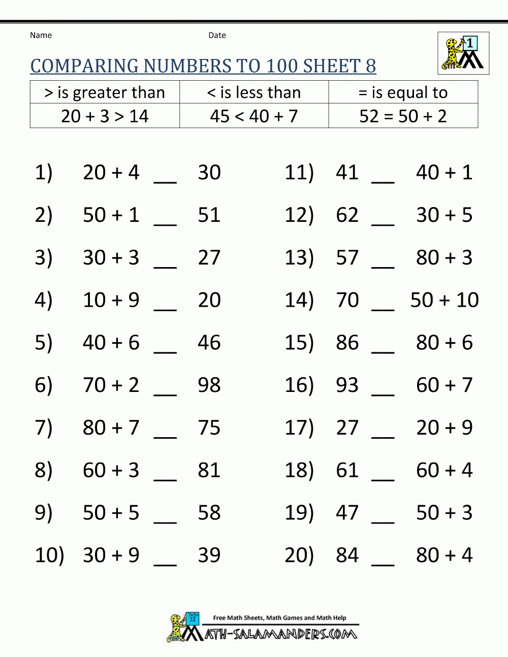 Greater Than Less Than Worksheet Comparing Numbers To 100