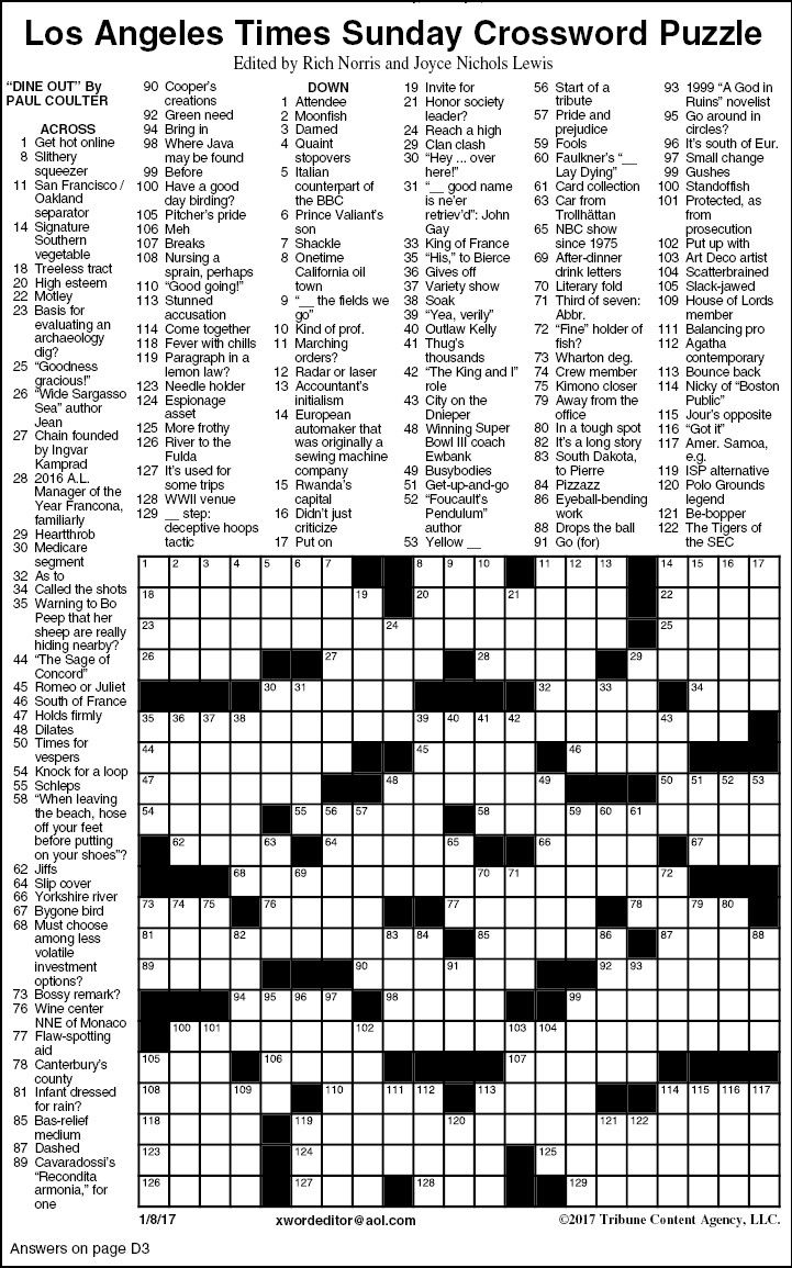 Los Angeles Times Sunday Crossword Puzzle Features 