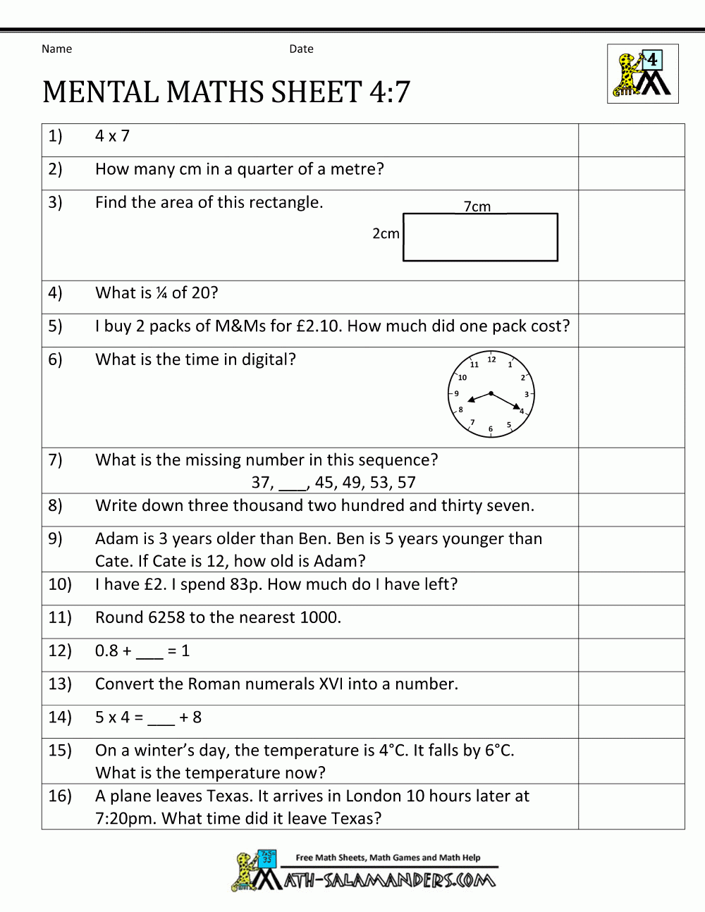 Mental Maths Test Year 4 Worksheets