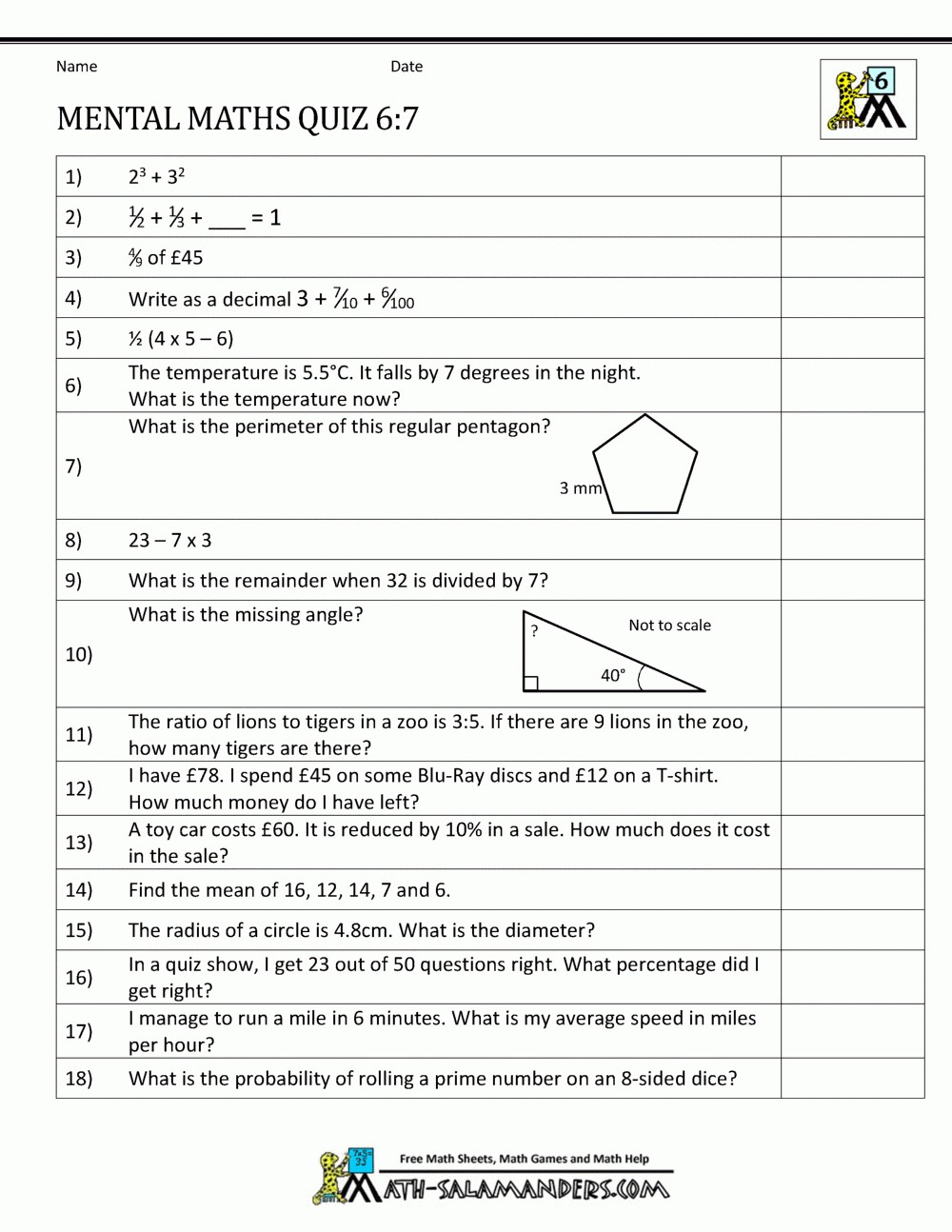 Mental Maths Tests Year 6 Worksheets