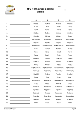 N O R 6th Grade Spelling Words Spelling Test Worksheet 