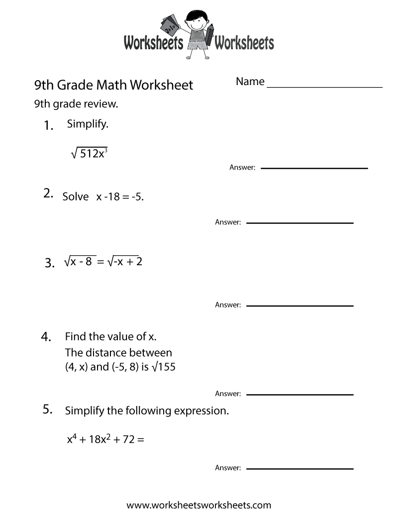 Ninth Grade Math Practice Worksheet Free Printable