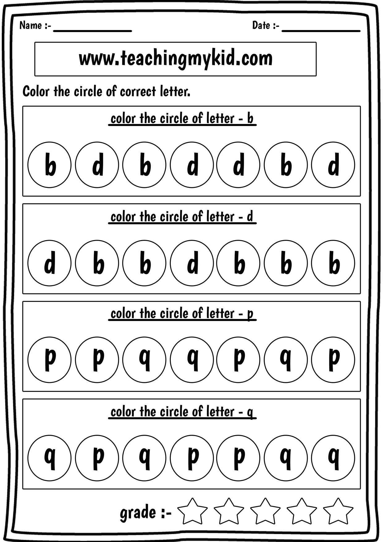 Preschool Printable Worksheets Confusing Letters B d p q 