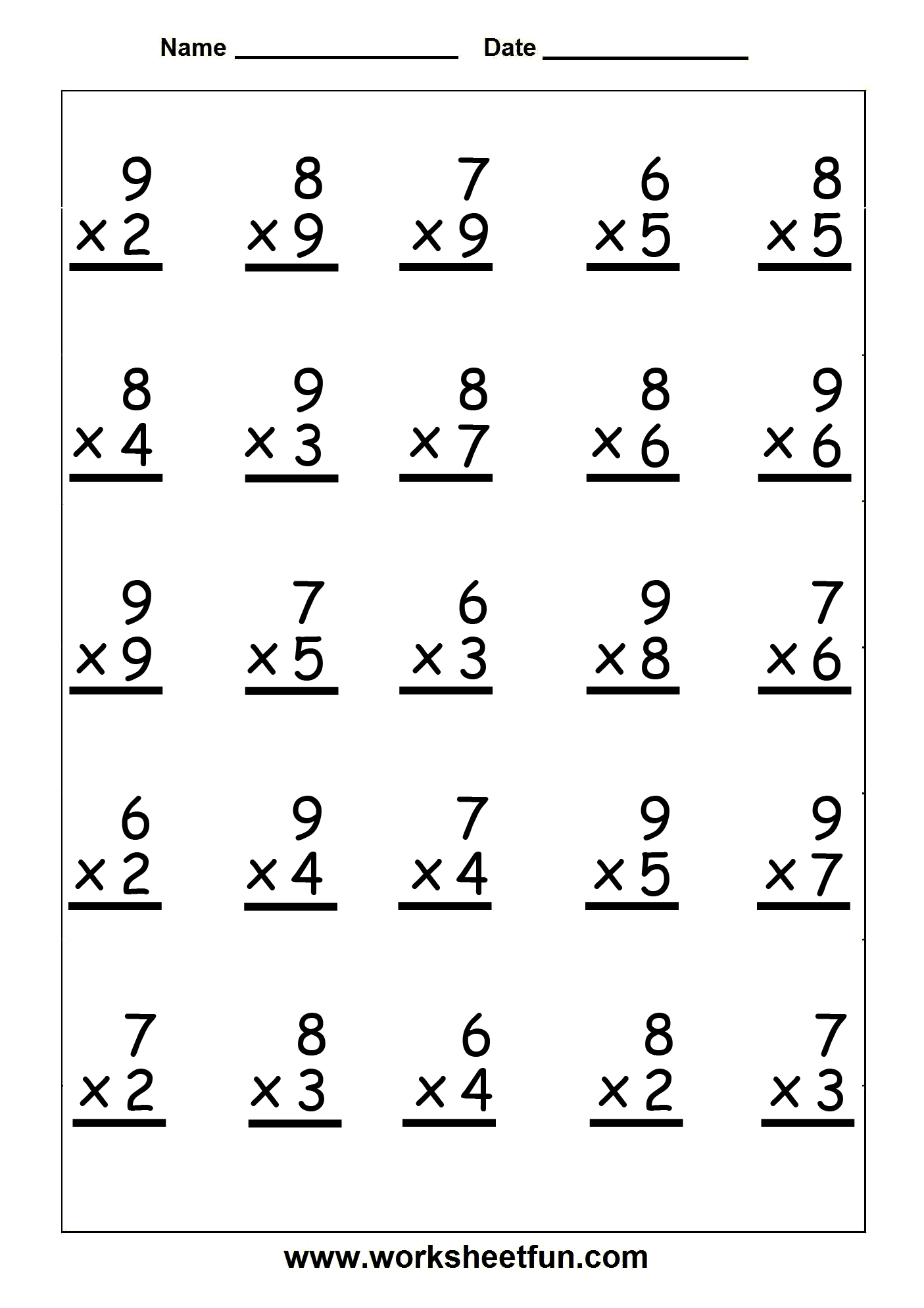 Single Digit Multiplication 25 Problems On Each