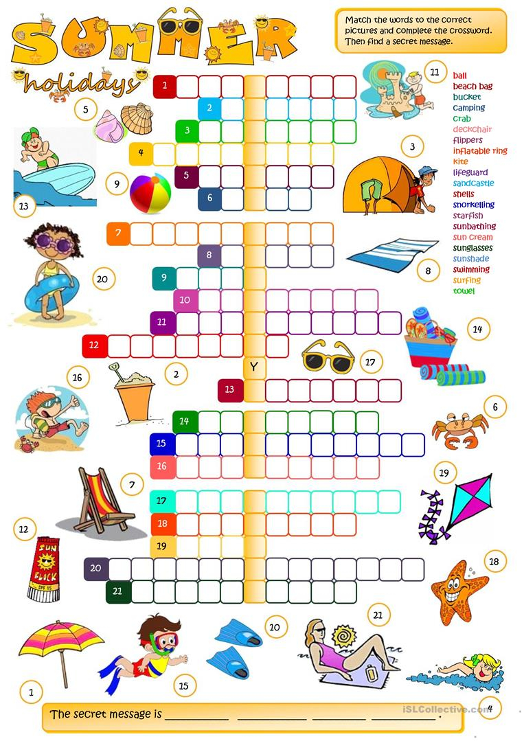 Summer Holidays CROSSWORD Worksheet Free ESL Printable 