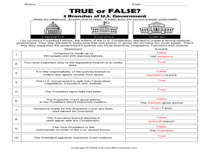 Three Branches Of Government Worksheet