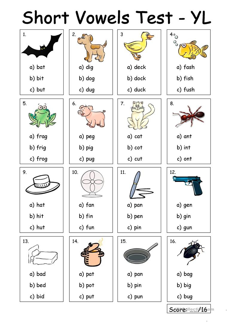 Very Young Learners Short Vowels Test Worksheet Free 