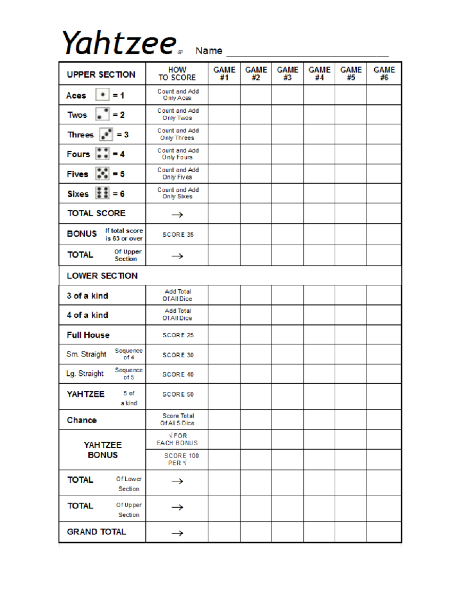 Yahtzee Score Sheets Business Mentor