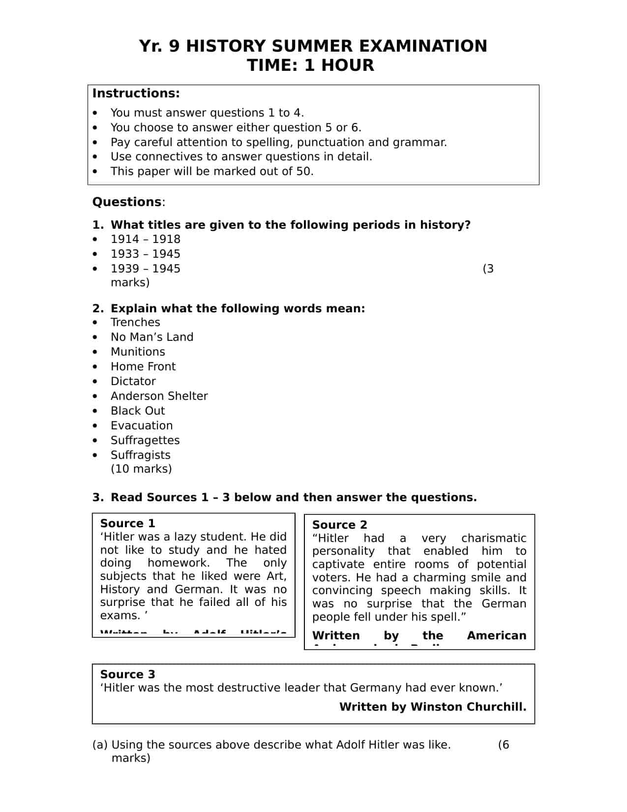 Year 9 History Practice Examination KS3 Teacher Resource