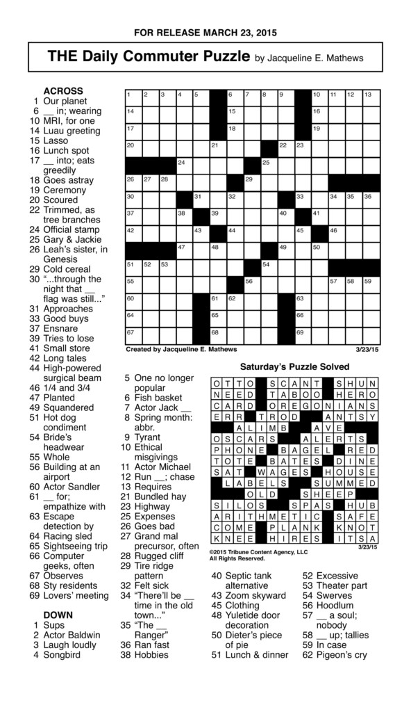 Free Printable Daily Commuter Crossword