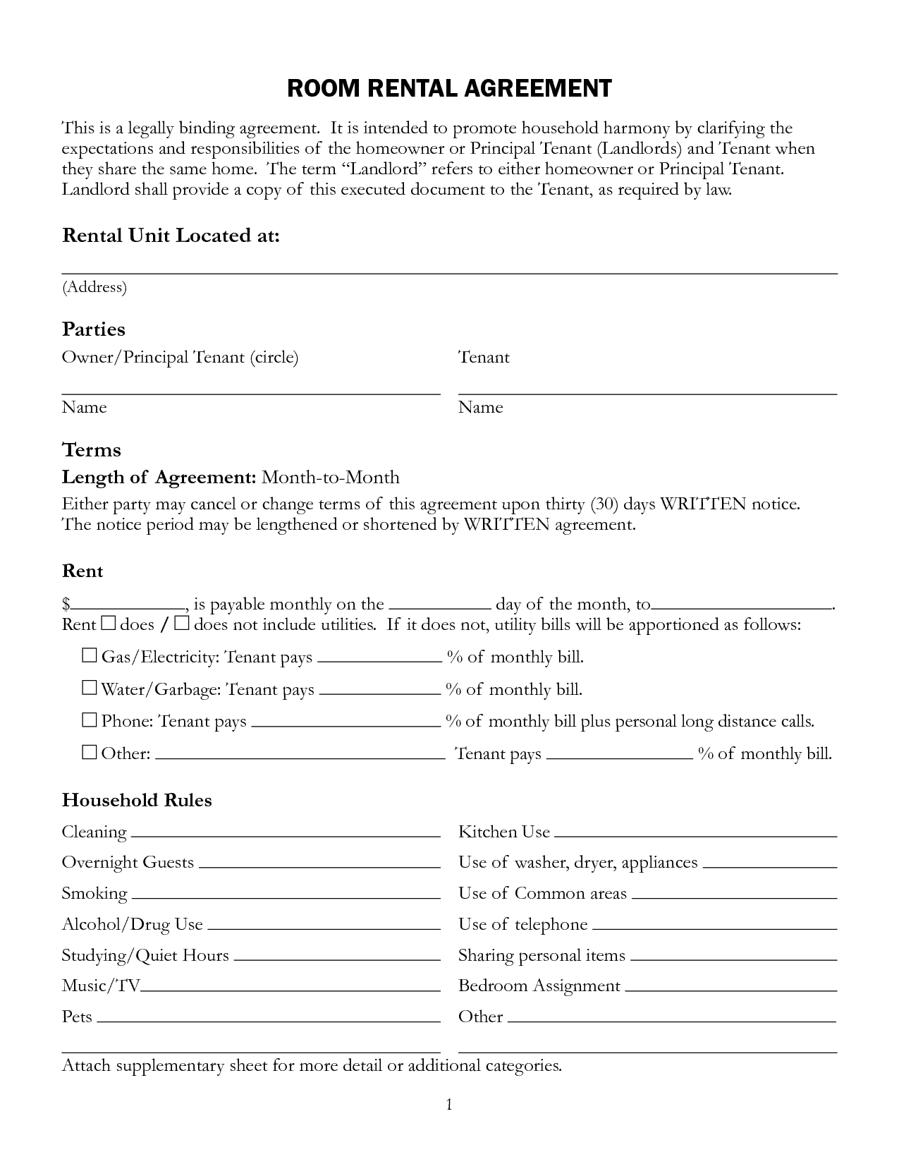 5 Basic Room Rental Agreement Templates Word Excel 