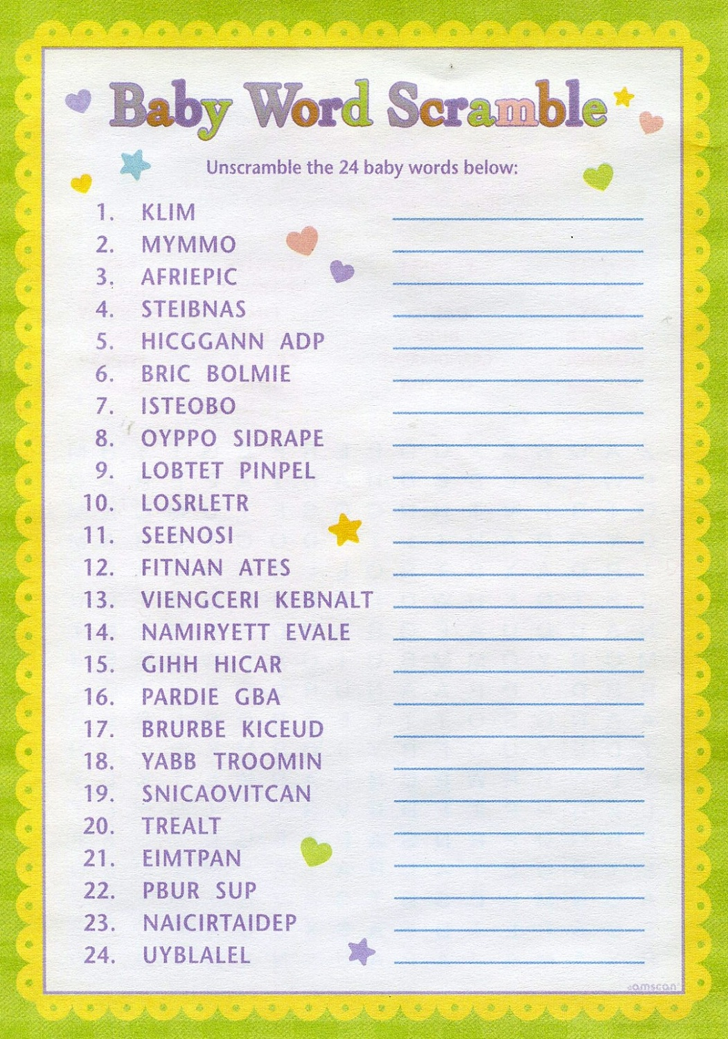 Baby Shower Words Scrambles Printable Activity Shelter