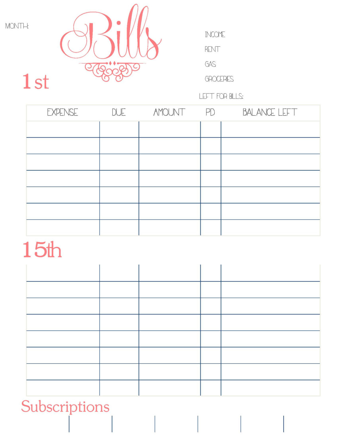 Bill Organizer Printable Template