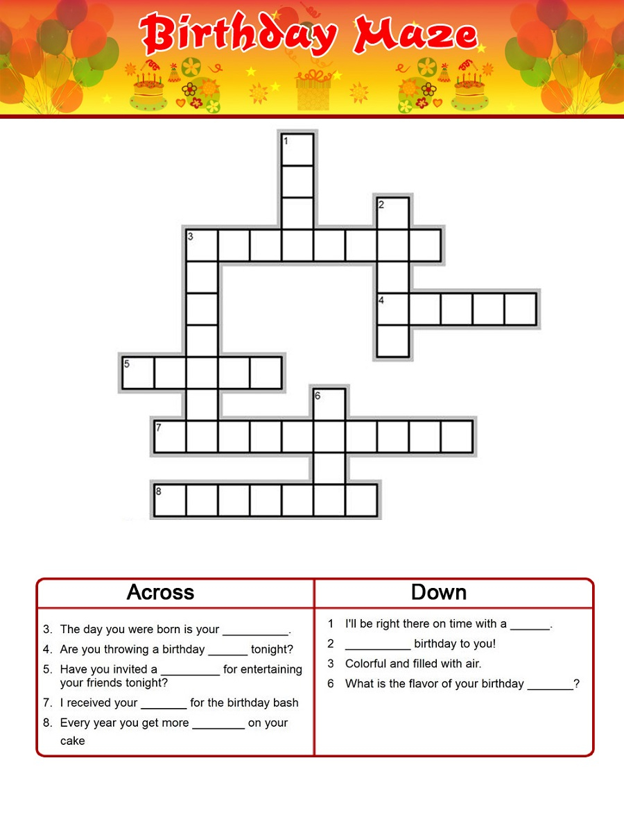 Birthday Crossword Puzzles To Print Activity Shelter