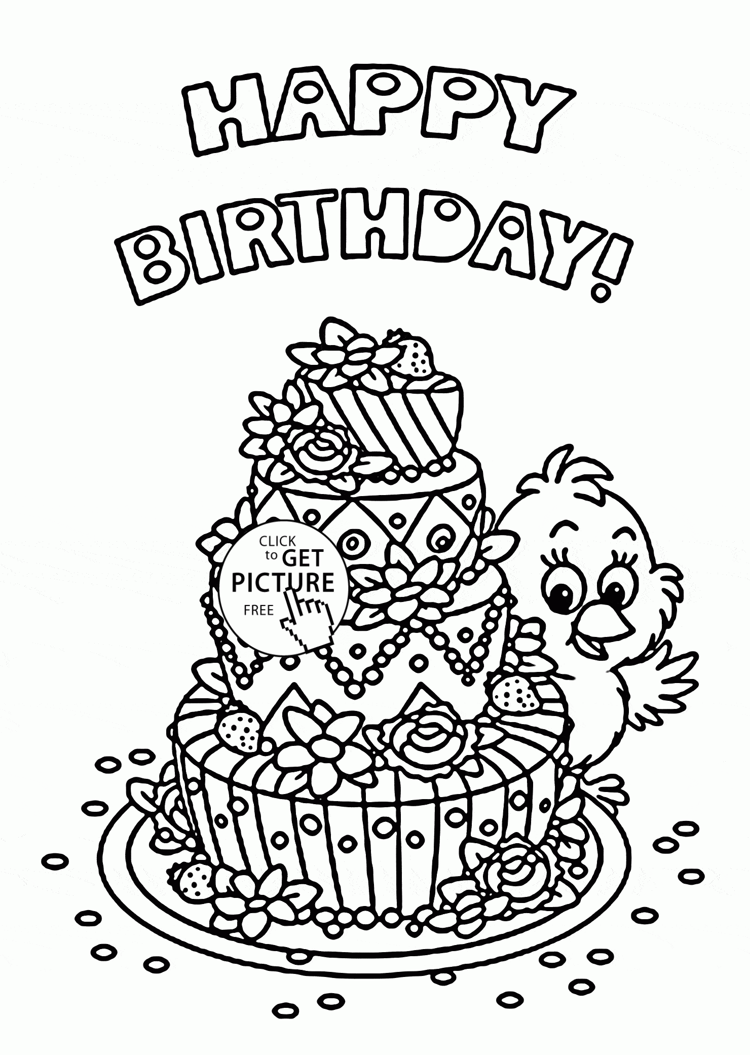 Cute Birthday Card With Big Cake Coloring Page For Kids 