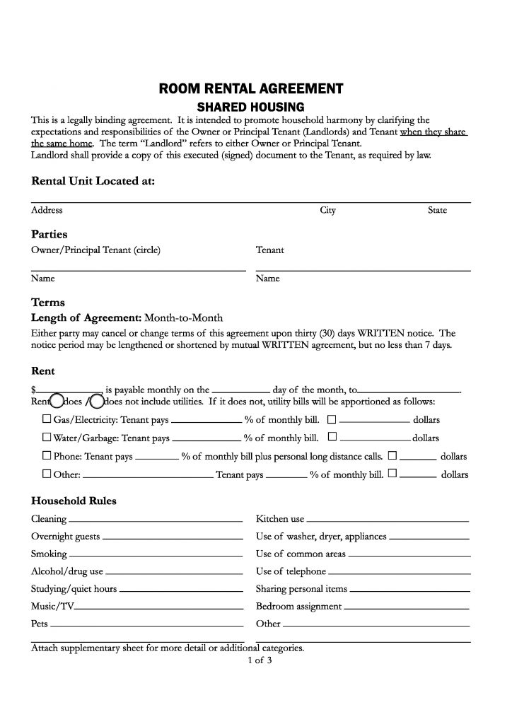 Download Free California Room Rental Agreement Printable 