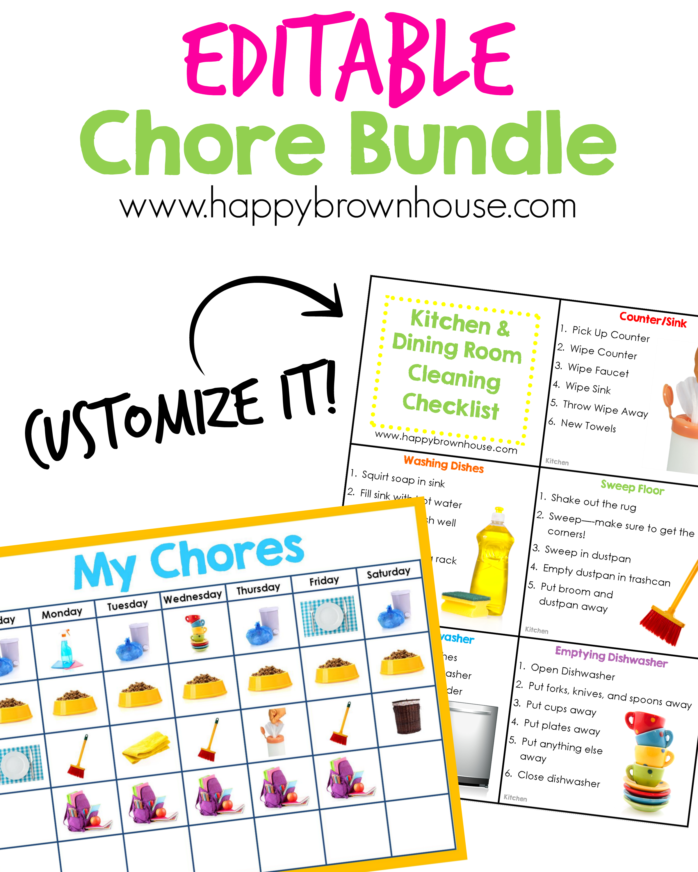 Editable Chore Cards Chore Chart Bundle Happy Brown House