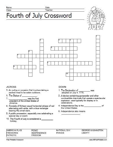 Fourth Of July Crossword Free Printable 