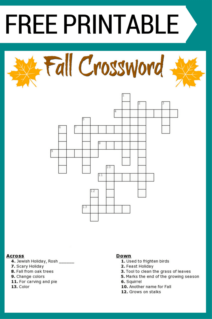 Free Fall Crossword Puzzle printable Worksheet Available 