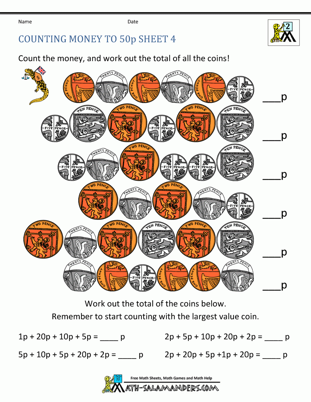 Free Money Worksheets UK Coins