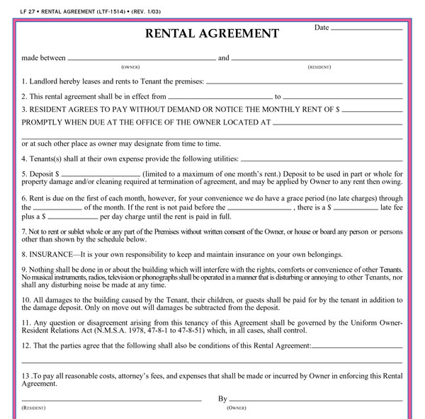 Free Printable Basic Rental Agreement Template Business