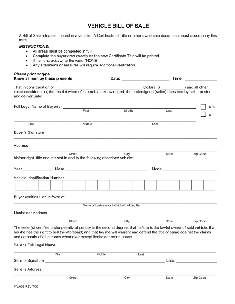 Free Printable Car Bill Of Sale Form GENERIC