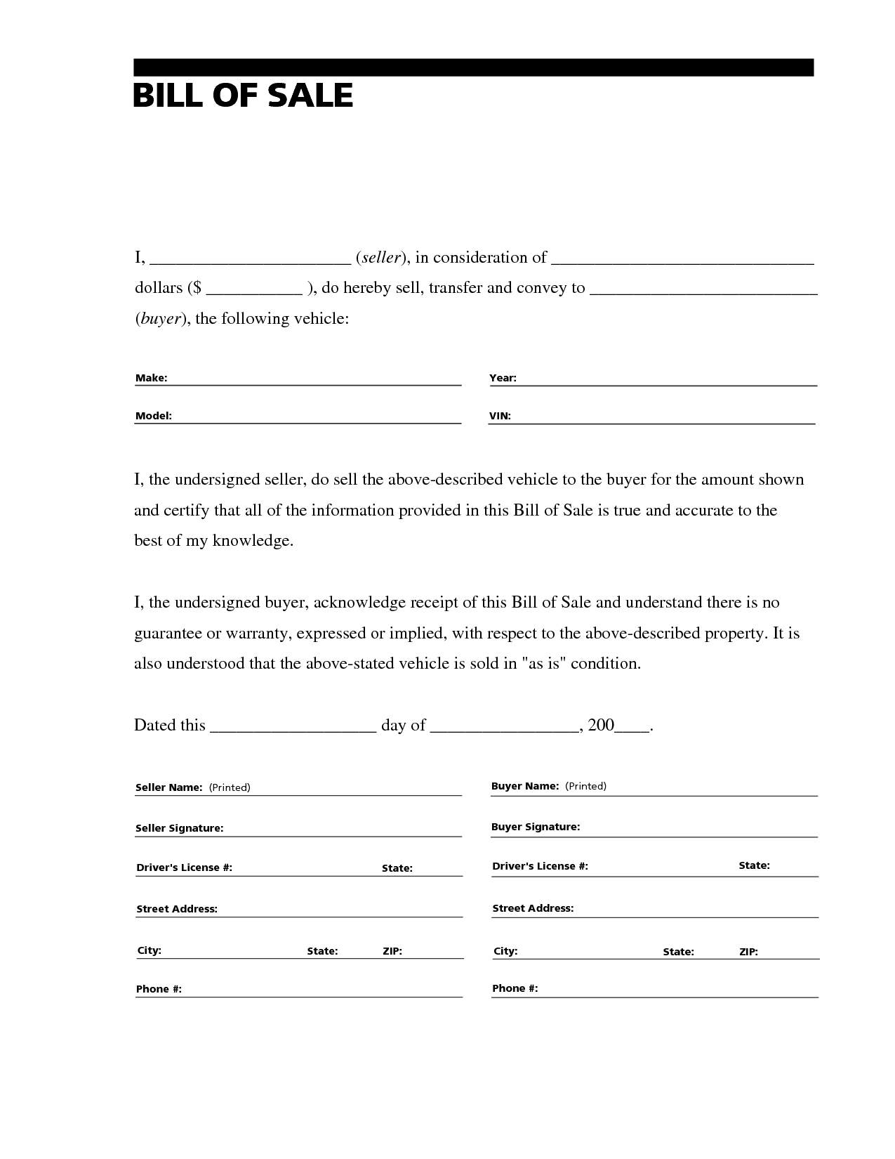 Free Printable Free Car Bill Of Sale Template Form GENERIC 