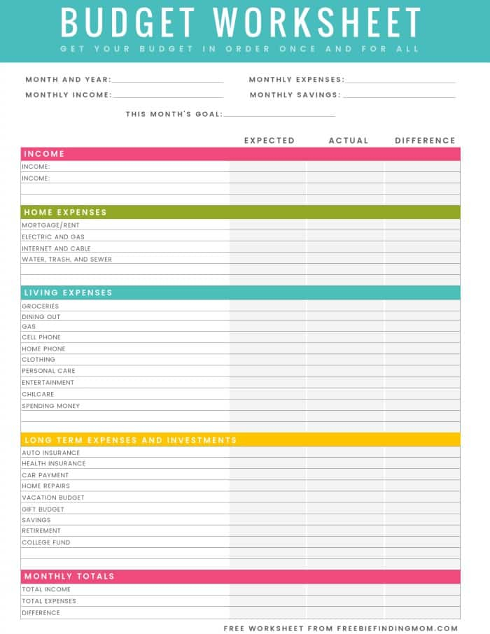 FREE Printable Household Budget Worksheet Freebie 