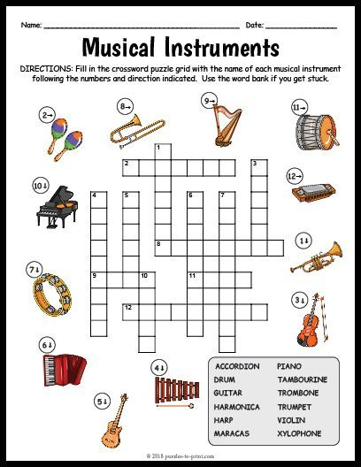 Free Printable Musical Instruments Crossword Musica Para 