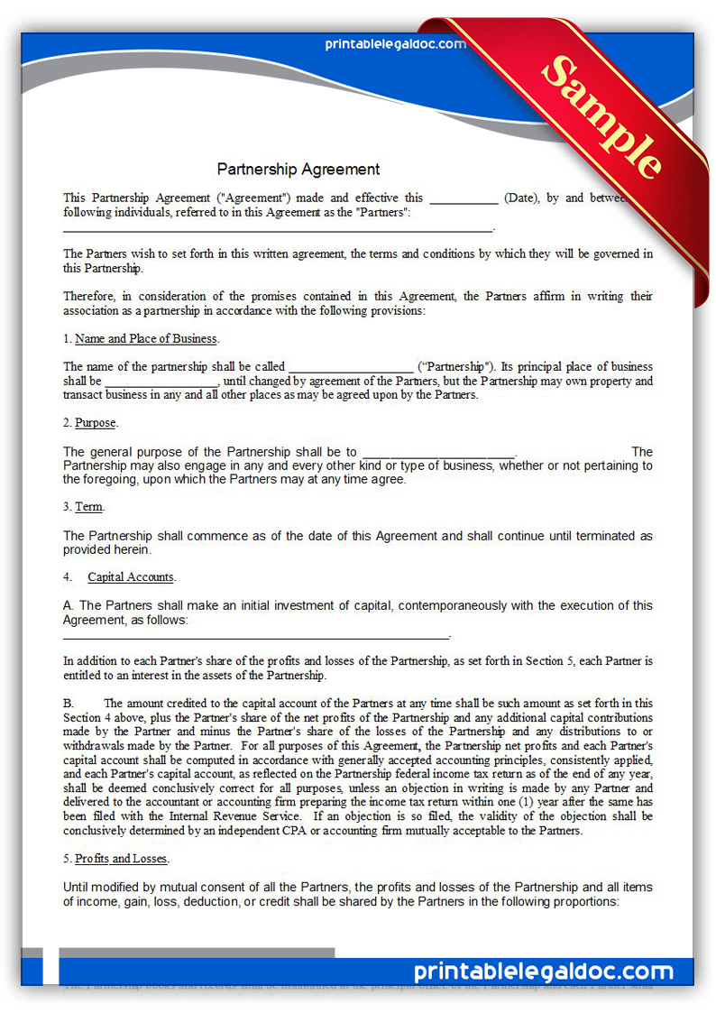 Free Printable Partnership Agreement Form GENERIC 