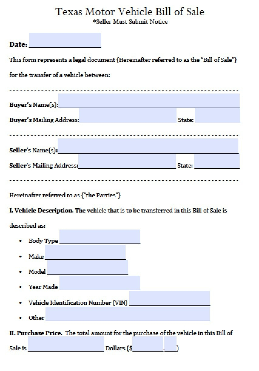 Free Printable Texas Bill Of Sale Form Free Printable