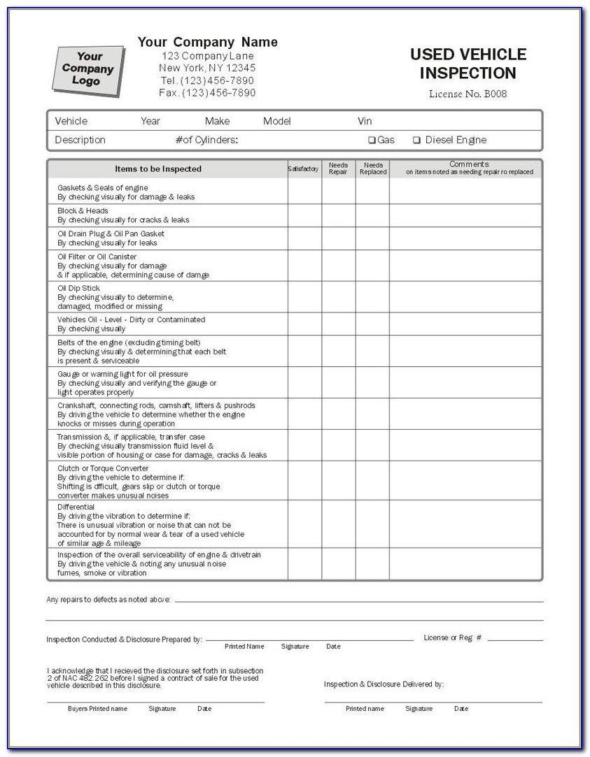 Free Printable Vehicle Inspection Form Free Printable