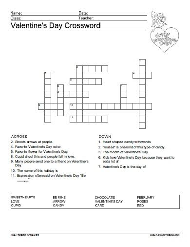 Free Valentine Crossword Puzzles Printable Crossword 