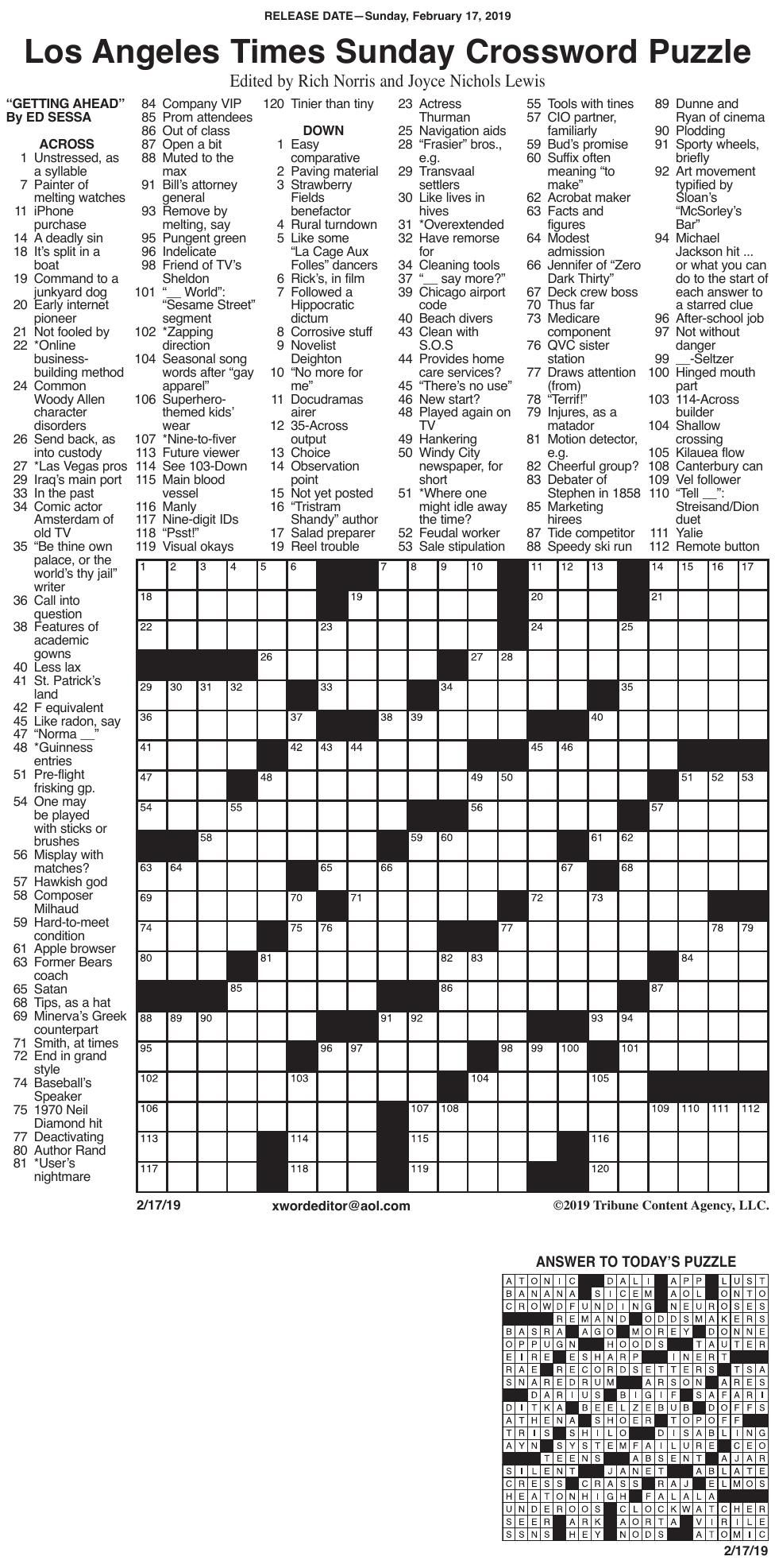 La Times Printable Crossword Puzzles 2020 FreePrintableTM com