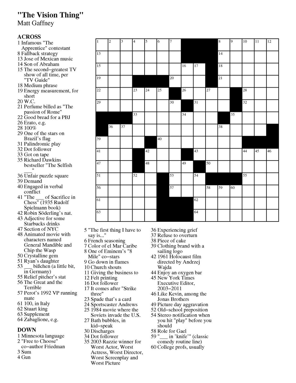 Matt Gaffney s Weekly Crossword Contest September 2011