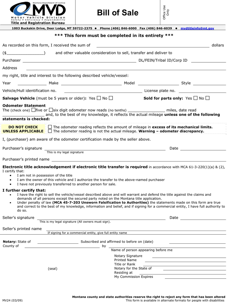 Montana Motor Vehicle Bill Of Sale Form Download The Free 