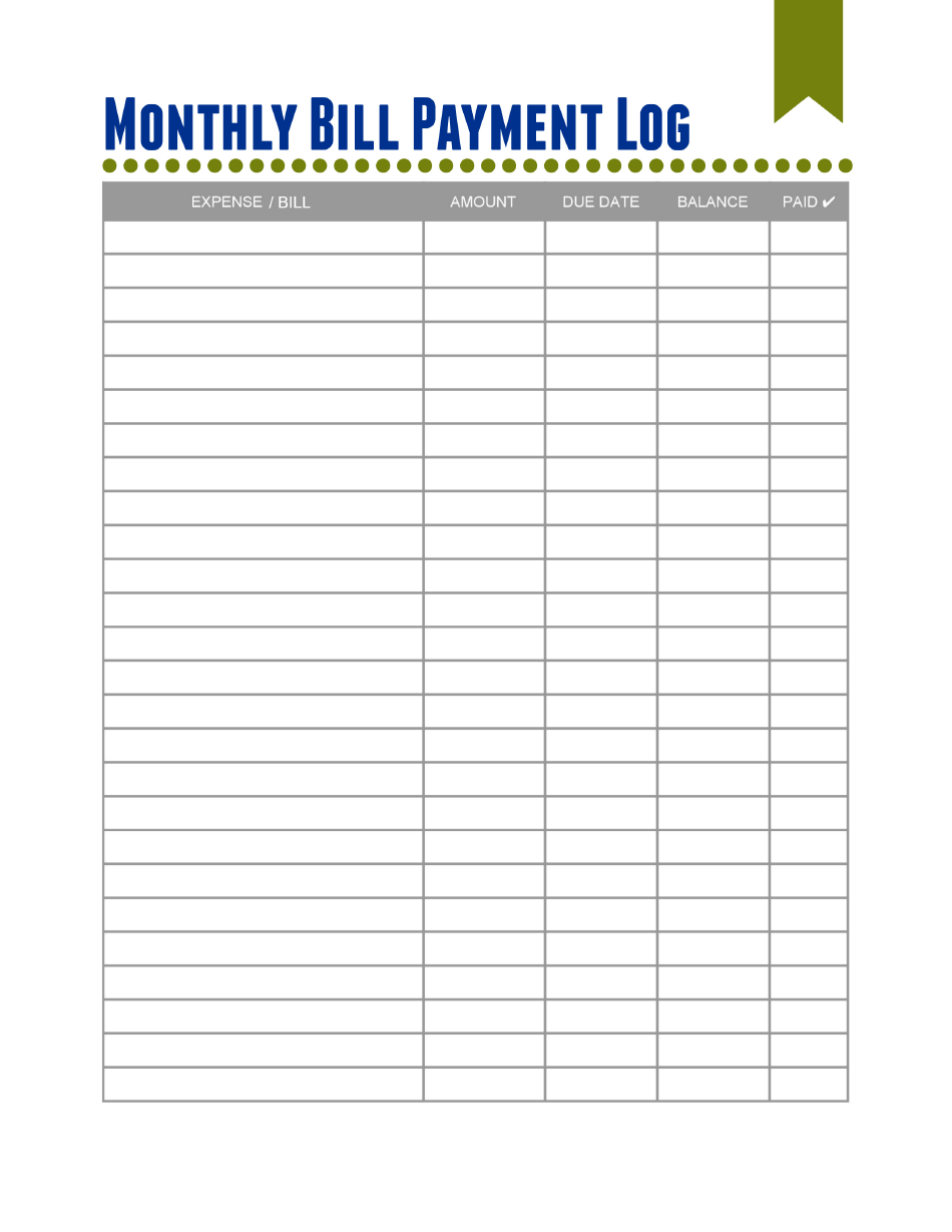 Monthly Bill Payment Log Template Download Printable PDF 