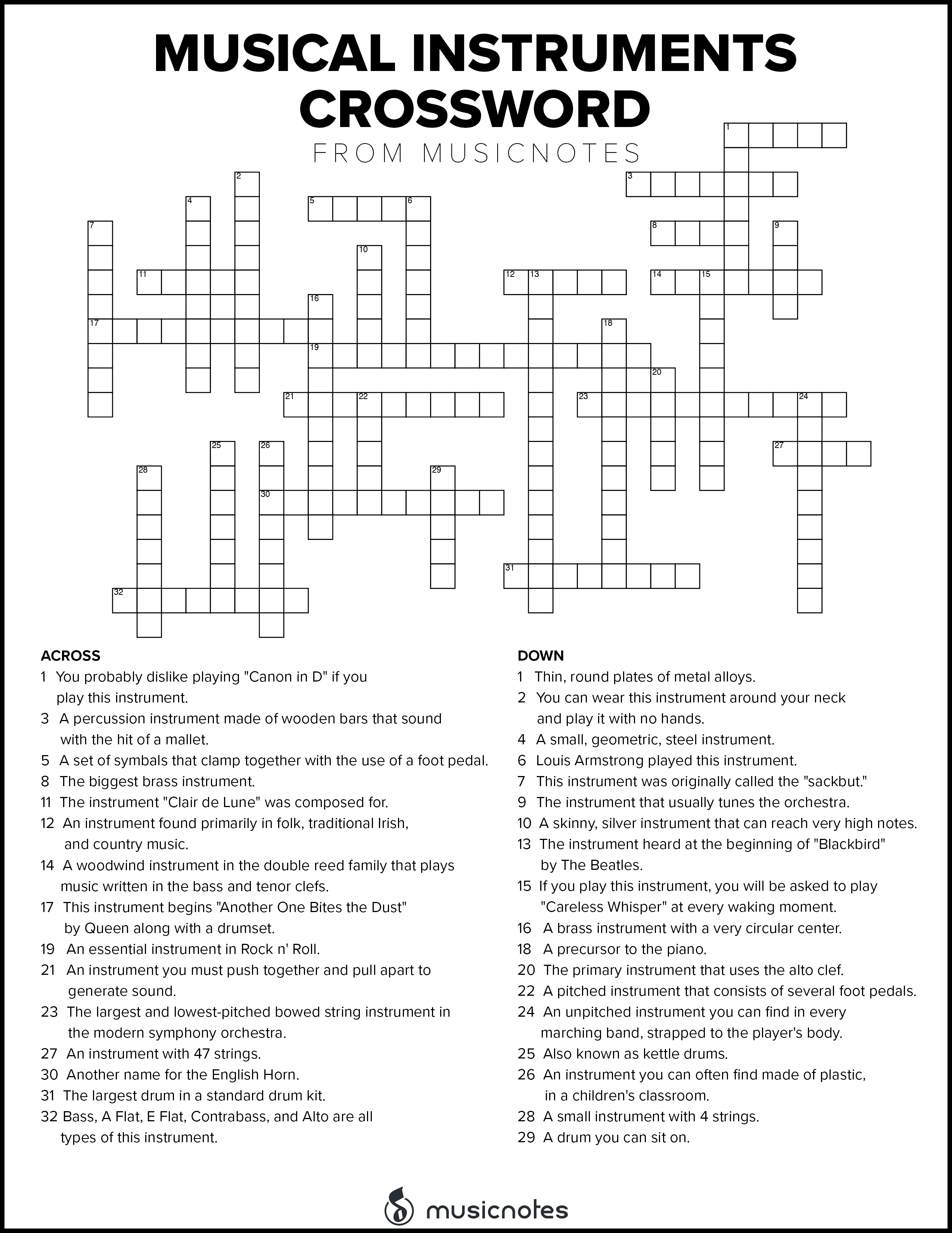 Musical Crossword Puzzles With Free Printables 