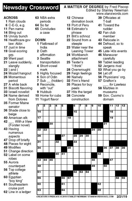 Newsday Crossword Puzzle For Feb 21 2021 By Stanley 