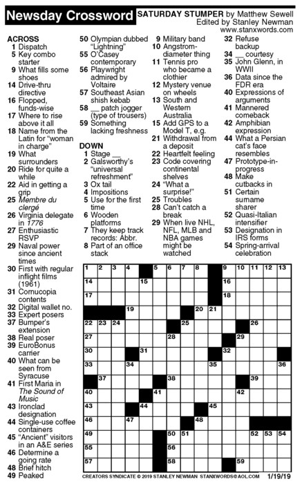 Newsday Crossword Puzzle For Jan 19 2021 By Stanley 