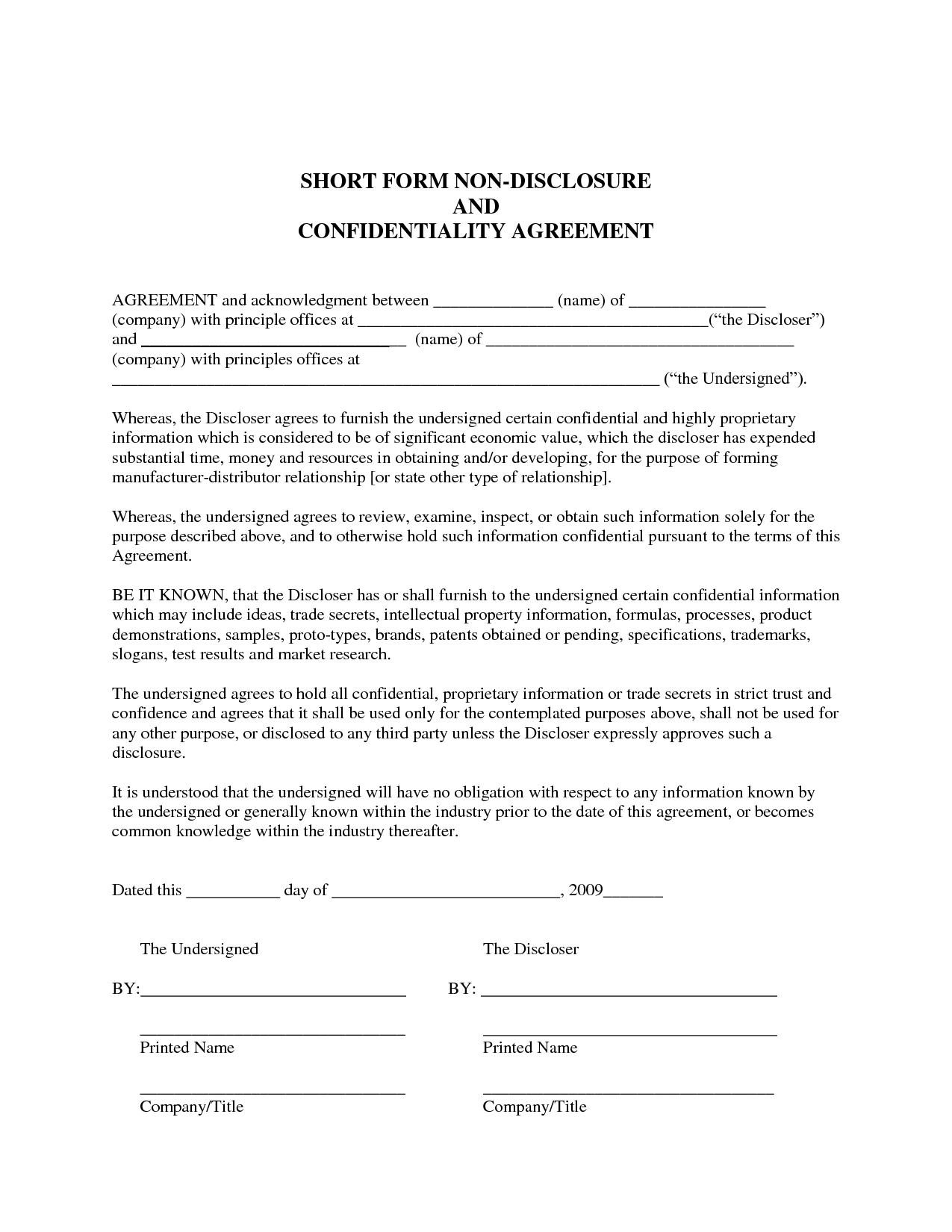 Non Disclosure Agreement Sample Free Printable Documents 