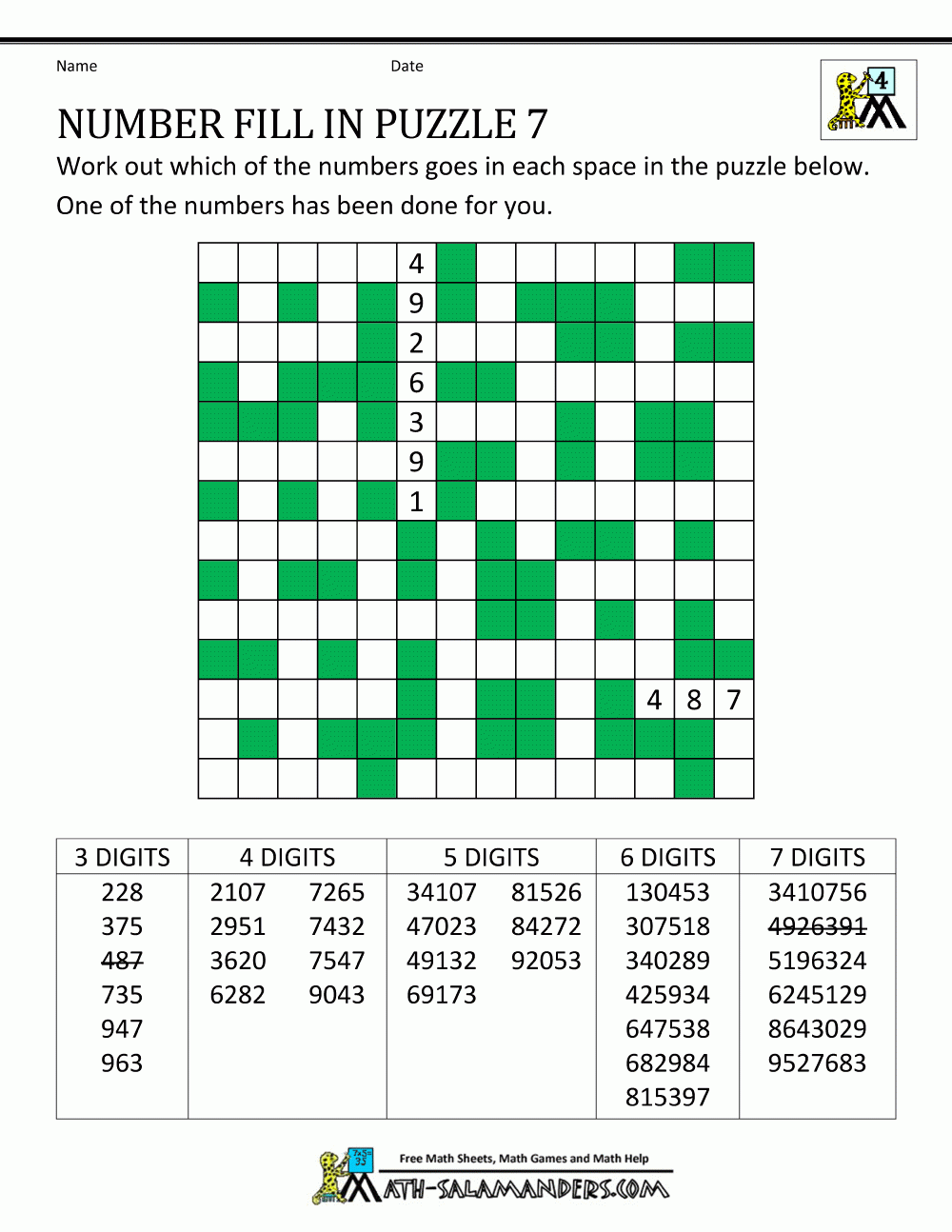 Number Fill In Puzzles