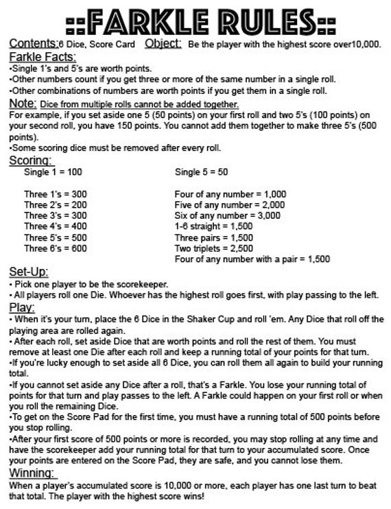 PDF 11x17 Farkle Rules Instant Download Print Your Own